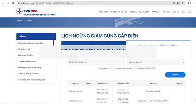 Tra cứu lịch cúp điện Hà Tĩnh theo ngày ngay trên trang web: https://pchatinh.npc.com.vn/