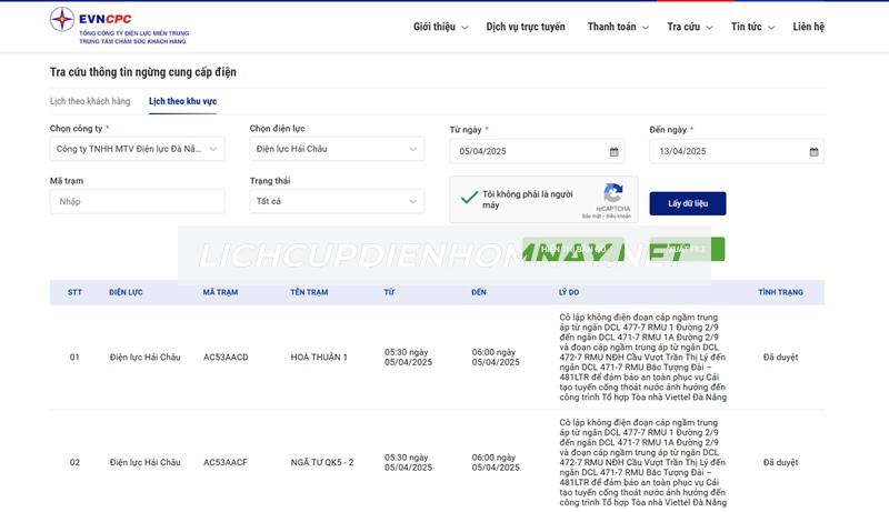 Tra cứu lịch cúp điện đơn giản trên website của EVNCPC
