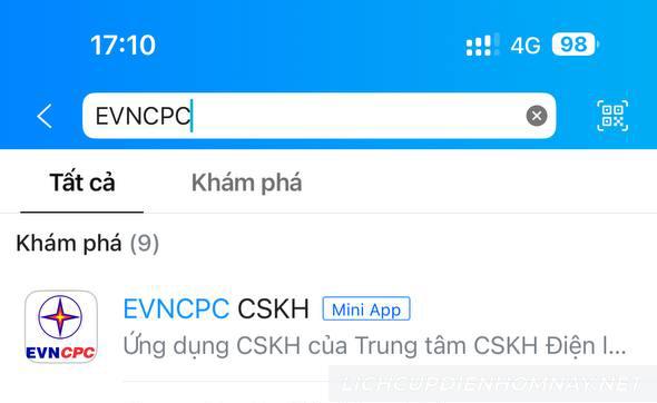 Tìm kiếm EVNCPC trên Zalo